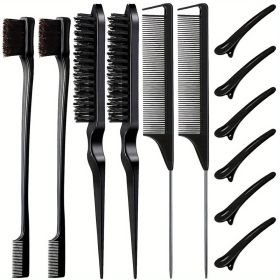 12 pieces Salon-Grade Nylon Teasing Brush Set with Double-Sided Design and Duckbill Clips for Smooth and Controlled Hair Styling (Color: black)